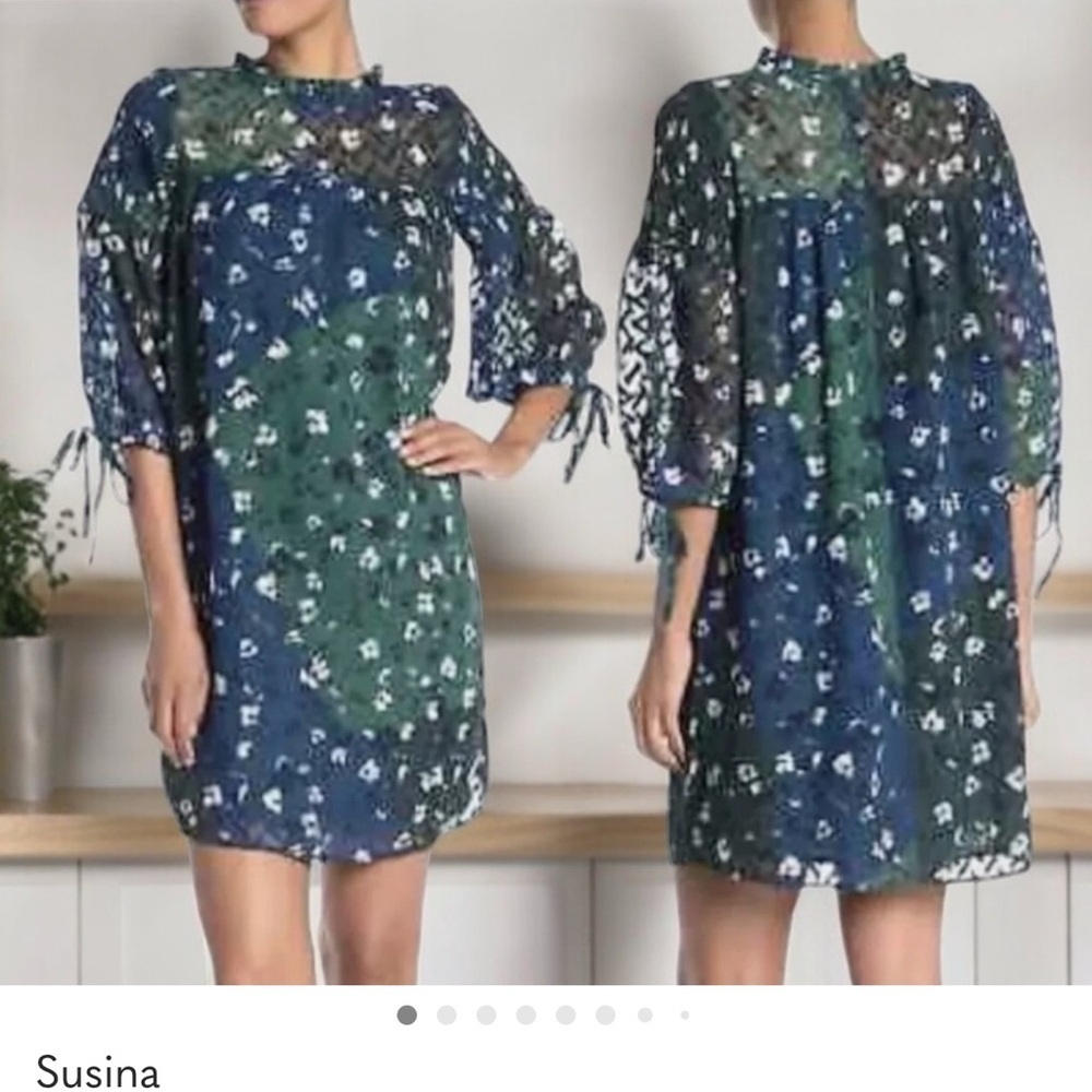 Susma dress women M Blue green Sheer Floral High Ruffle Neck Tie 3/4 Sleeve mini